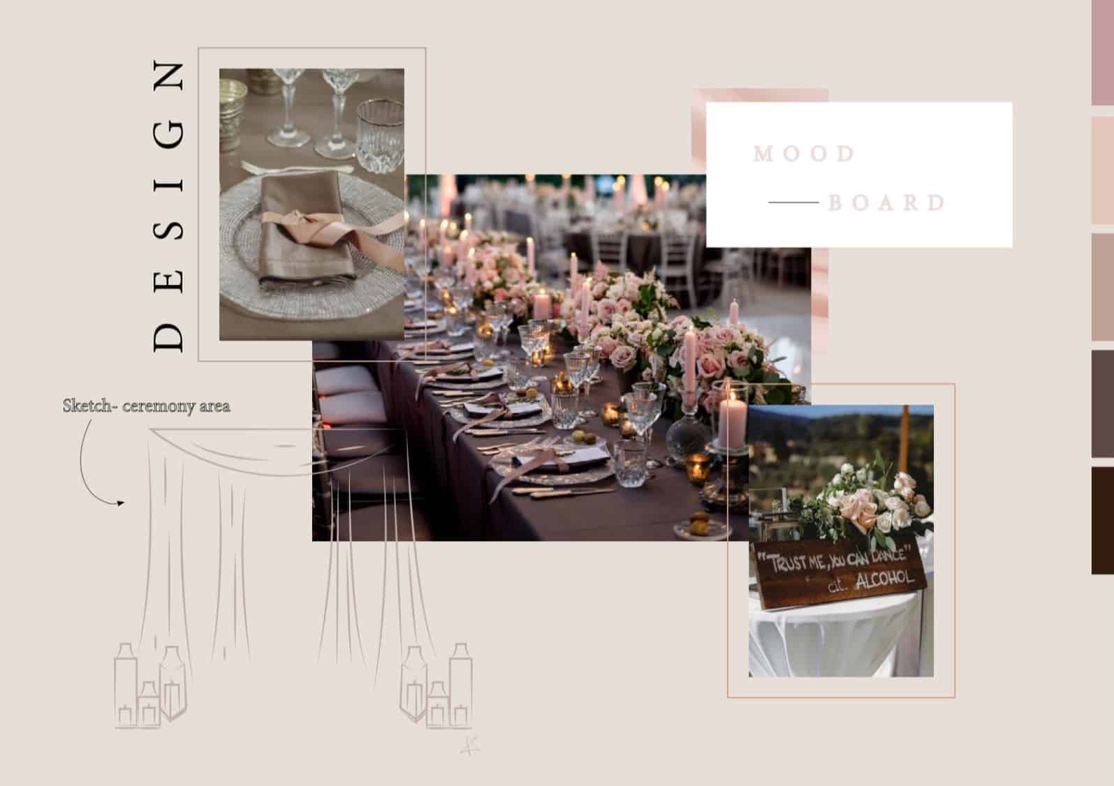 Moodboard of a wedding composed by photos of the table set up, with pink roses, candles, silver dishes