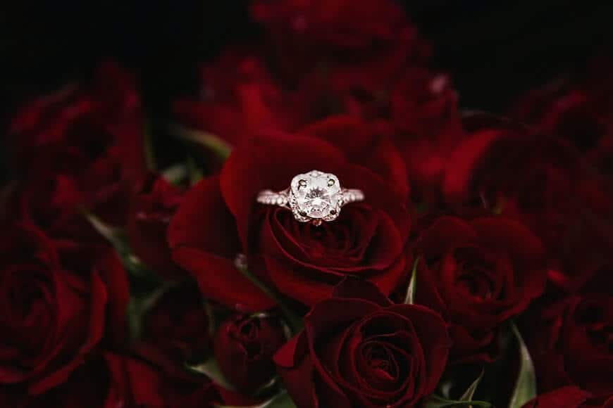 beautiful engagement diamond ring in the red roses