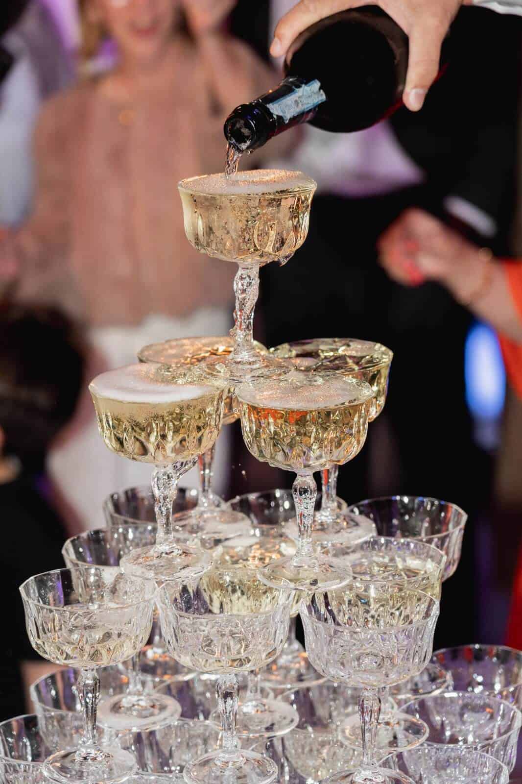glass pyramid with champagne waterfall