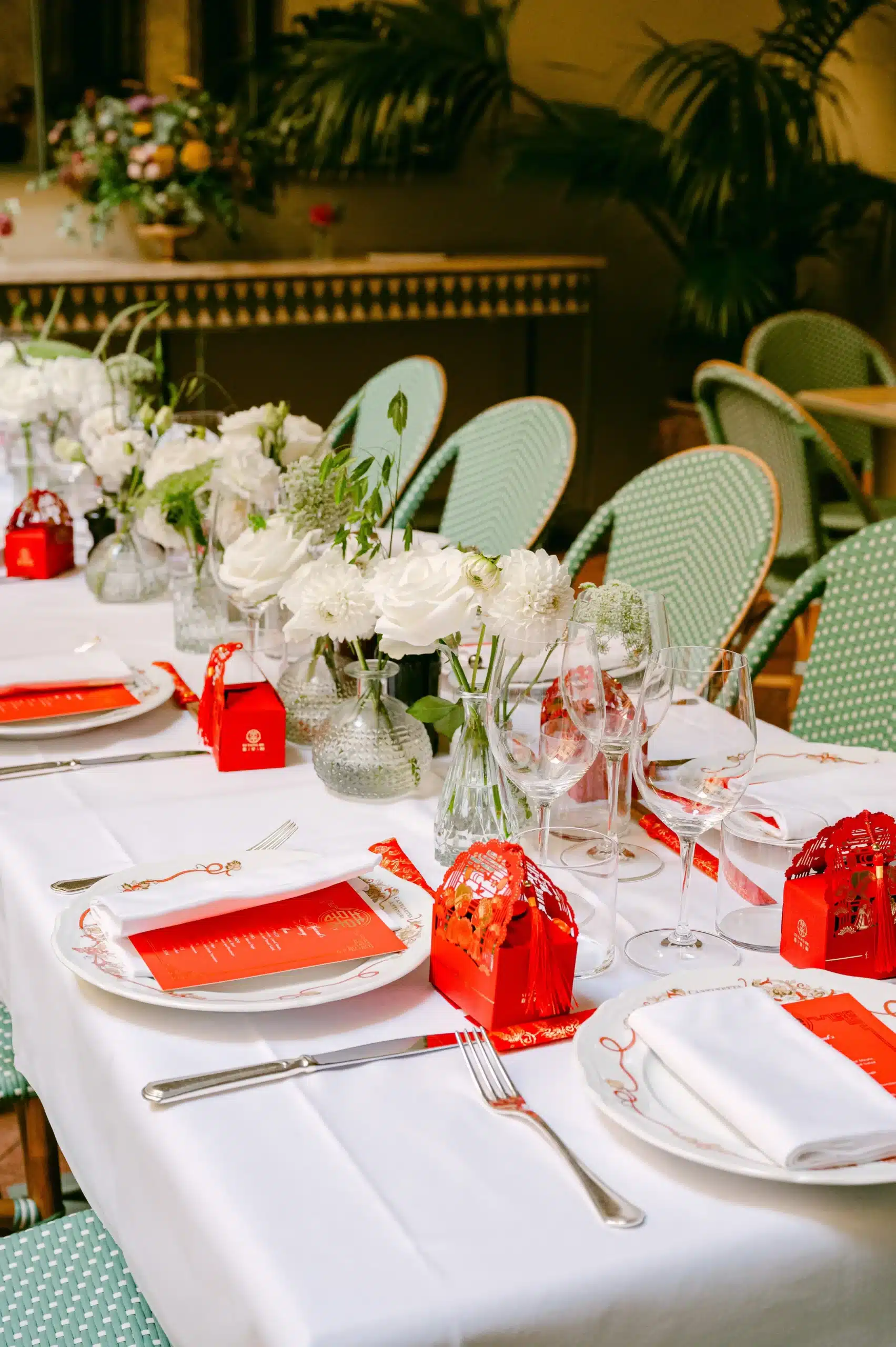 Wedding Rehearsal Dinner table set up with flowers and favors