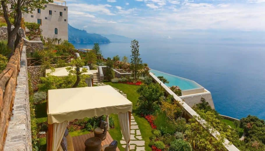 Stunning view from the hilltop at Monastero Santa Rosa, overlooking the sparkling sea along the Amalfi Coast.