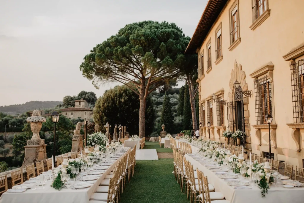 Elegant outdoor wedding setup at an Italian tuscany villa, showcasing one of the best places to get married in Italy.